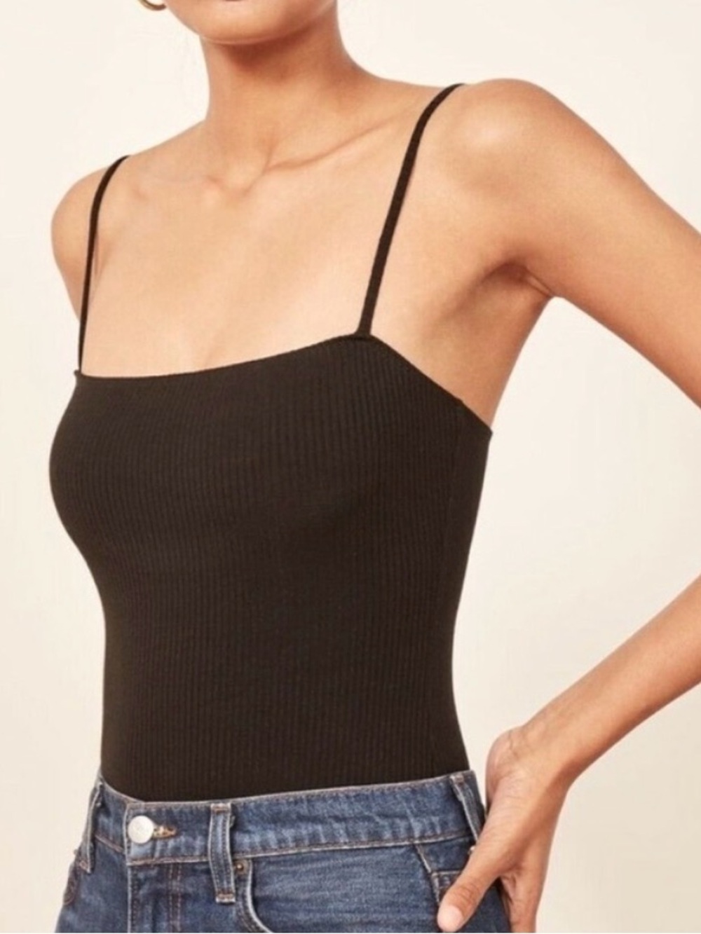 Reformation Ribbed Black Bodysuit (Size: M)